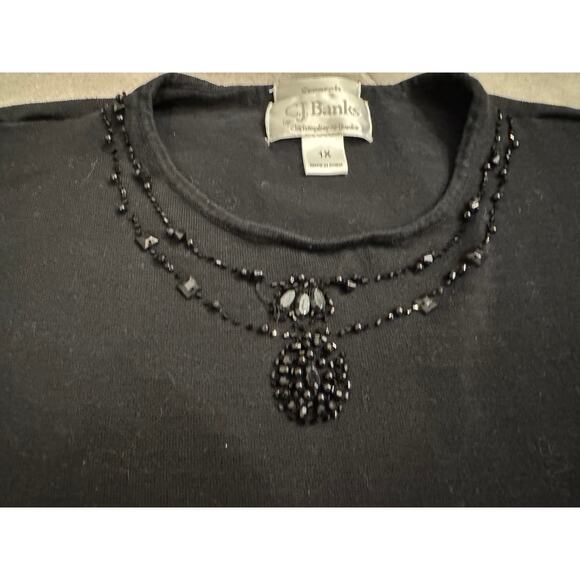 CJ Banks Black Stretch Top 1X Beaded Neckline Long Sleeve - Picture 2 of 3